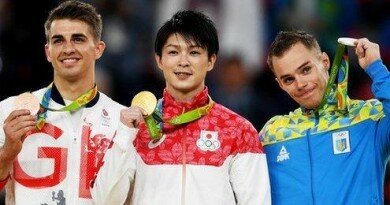Bronze medallist Max Whitlock (left), gold medallist Kohei Uchimura (centre) and Oleg Verniaiev, who won silver
